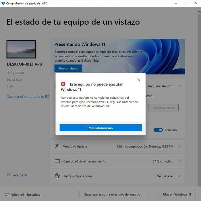 Comprobación de estado de la PC, Windows 11 no funciona
