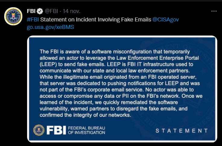 Mensaje de Twitter del FBI sobre mail apócrifo 
