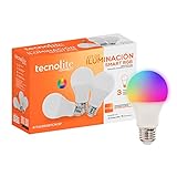 Kit de 3 focos LED Inteligentes,Tecnolite COLORS SMART, Luz de colores, Base E27, WiFi, Compatibles con Tecnolite Connect App Compatible con Alexa